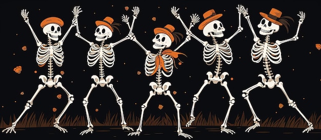 squelettes dans une danse dans le style de doodle fond noir