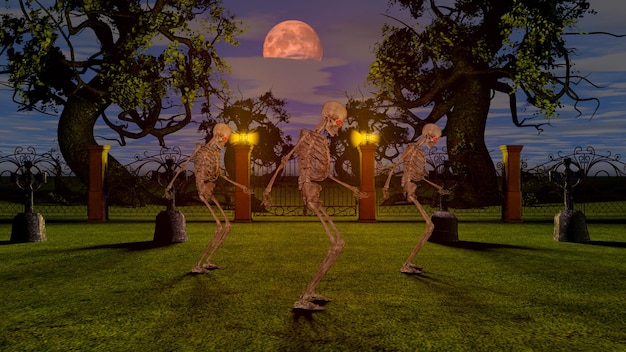 Squelettes de danse dans le cimetière la nuit. Notion d'Halloween. Rendu 3D.