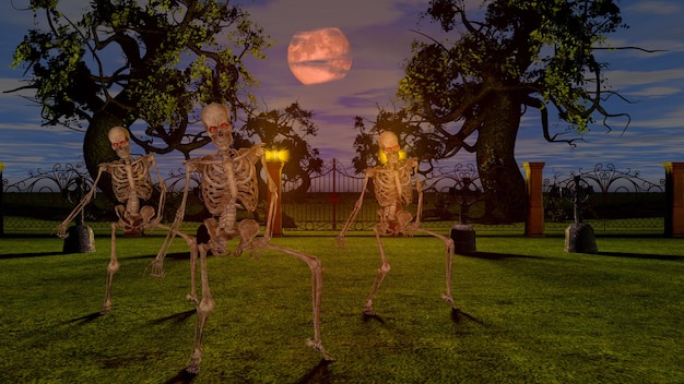 Squelettes de danse dans le cimetière la nuit. Notion d'Halloween. Rendu 3D.