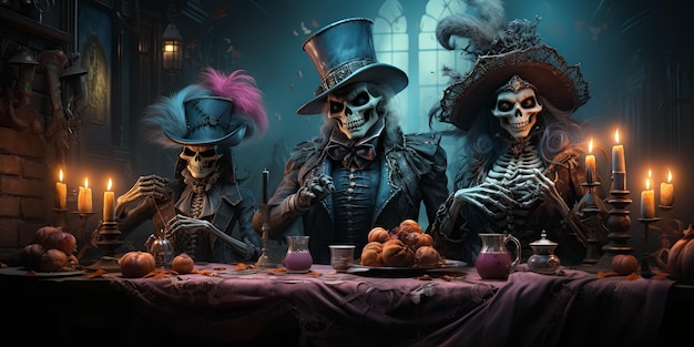 squelettes en tenue de fête élégante assis à la table et célébrant Halloween