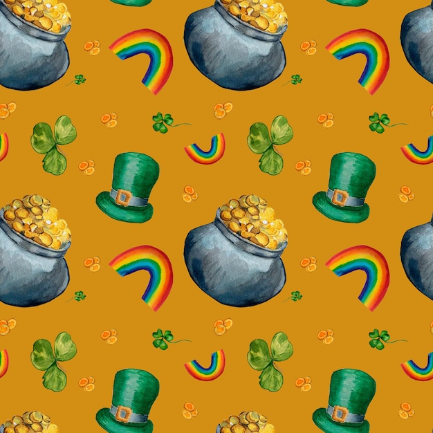 St Patrick s Day modèle aquarelle sur fond jaune avec pot de trèfle arc-en-ciel de chapeau de lutin