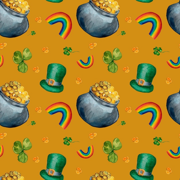 St Patrick s Day modèle aquarelle sur fond jaune avec pot de trèfle arc-en-ciel de chapeau de lutin