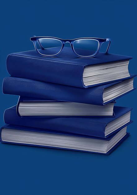 Photo a stack of blue books with glasses on top