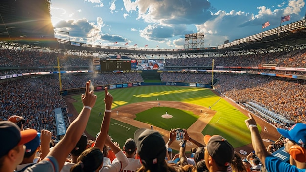 un stade de baseball avec une foule de gens en arrière-plan