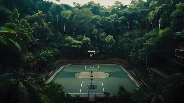 Le stade de basket-ball de la jungle entouré d'arbres dans la forêt