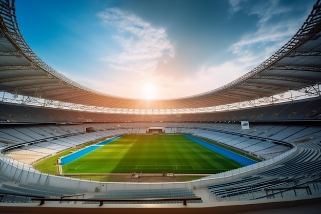 Un stade avec un ciel bleu et des sièges blancs