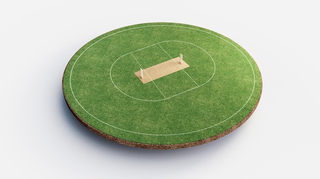 Stade de cricket Vue de face sur le terrain de cricket ou le terrain de sport de balle, le stade d'herbe ou l'arène circulaire pour les séries de cricket, la pelouse verte ou le terrain pour le batteur, le quilleur. Illustration 3D du champ extérieur