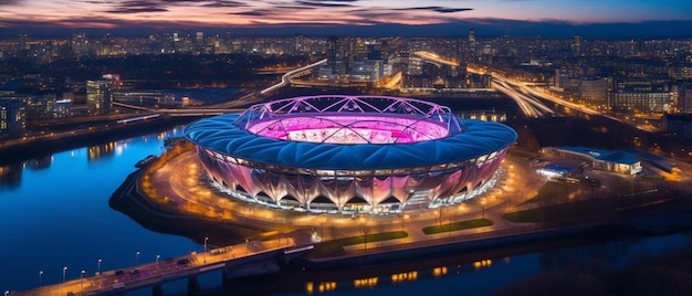 Le stade est éclairé la nuit.