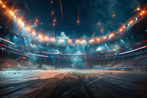 Photo un stade avec des feux d'artifice en arrière-plan et les mots feux dartifice sur le mur