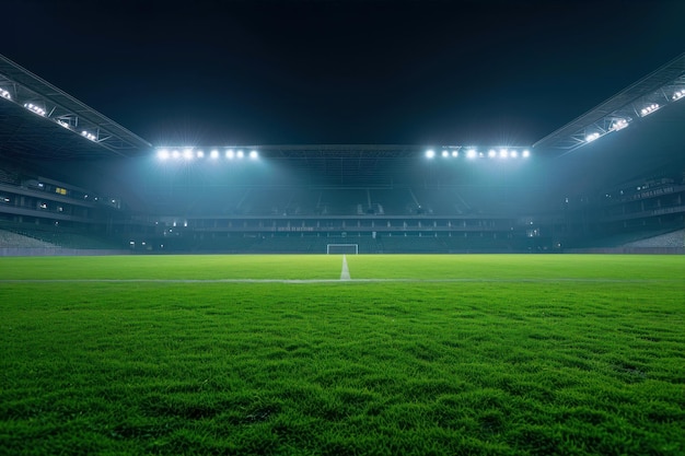 Photo stade de football du soir avec des lumières vives et un terrain de football d'herbe verte