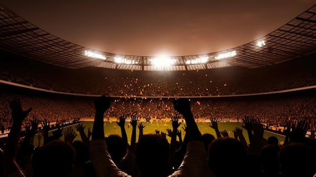 Un stade de football avec des gens qui applaudissent et les lumières allumées