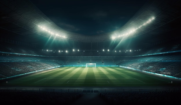 Stade de football avec gradins la nuit Terrain de football vide éclairé par des projecteurs lumineux