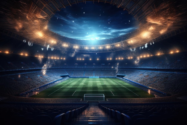 Stade de football à l'intérieur la nuit avec des lumières PostProduction