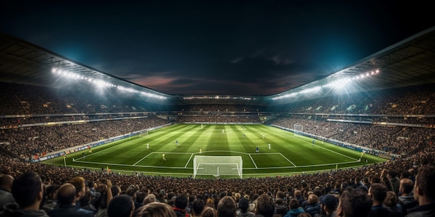 Stade de football la nuit avec de l'herbe verte et des foules en arrière-plan