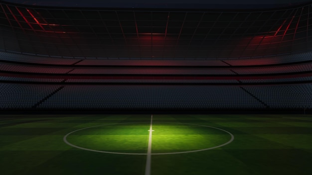 Stade de football la nuit. Un stade imaginaire est modélisé et rendu, illustration 3d