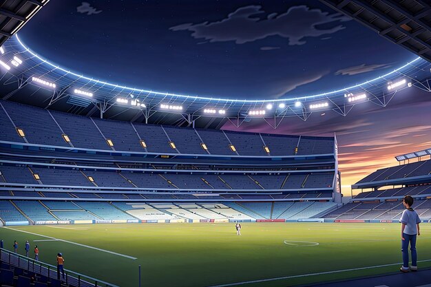 stade de football la nuit vue du haut d'un stade de football la nuit avec les lumières sur le rendu 3D