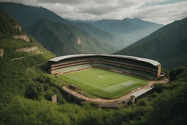 Un stade de football rustique niché dans les montagnes