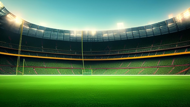 Stade de football avec des sièges verts et un stade vert avec un gardien de but dessus.