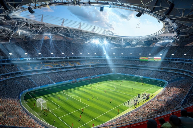 un stade de football avec un terrain de football et un terrain de soccer avec un stade avec un champ de soccer au premier plan