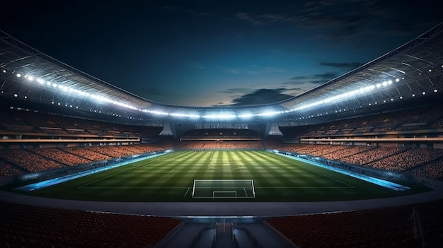 Un stade de football avec un toit et des lumières rouges et oranges.