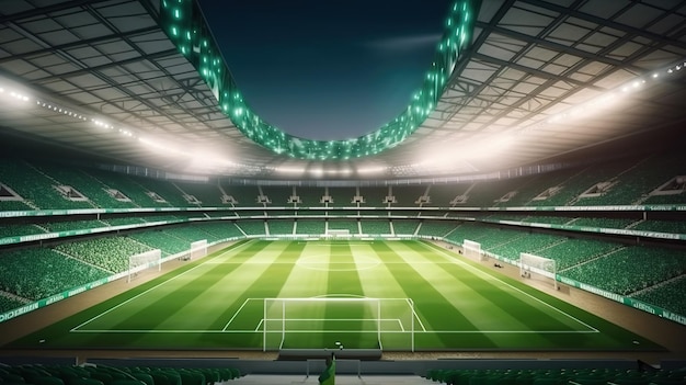 Un stade de football avec un toit vert et un stade