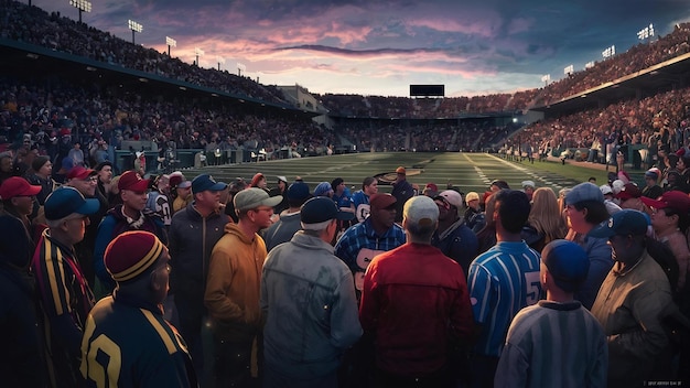 Photo stade de football avec les tribunes pleines de fans attendant le match de nuit.