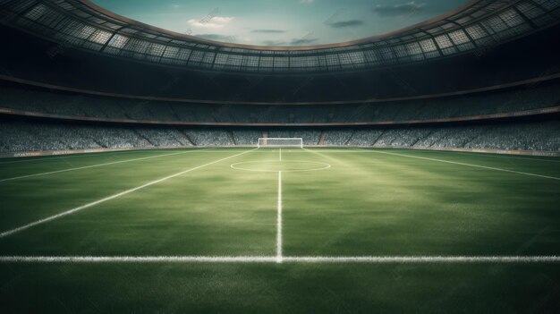 Stade de football vide avec un but et des sièges vides.