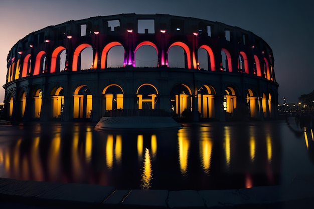 Stade futuriste avec un design moderne avec des lumières au néon la nuit AI générative