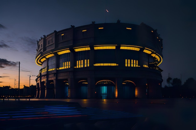 Stade futuriste avec un design moderne avec des lumières au néon la nuit AI générative