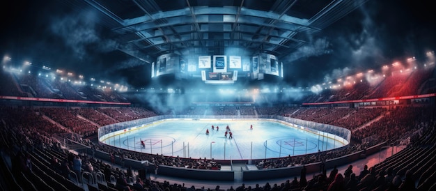 un stade de hockey avec une foule de fans et une patinoire vide