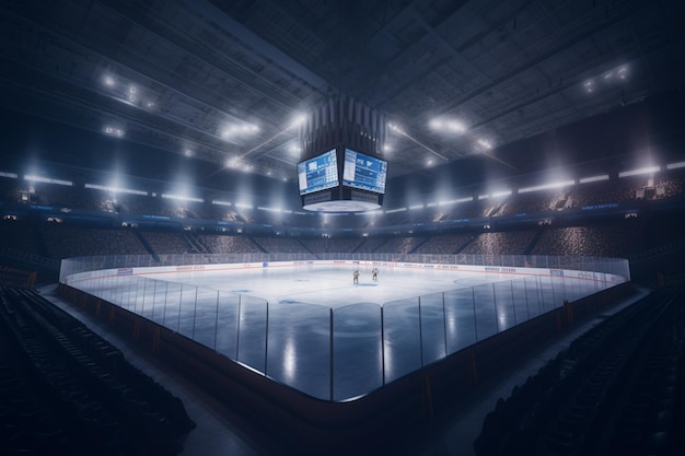 Un stade de hockey avec un tableau d'affichage au sommet.