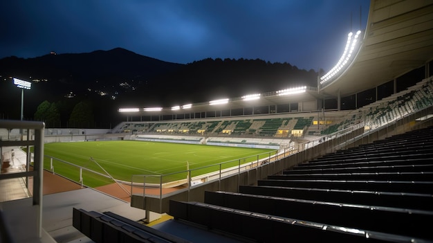 Un stade la nuit avec les lumières allumées.