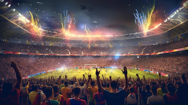 Un stade plein de monde avec des feux d'artifice en arrière-plan