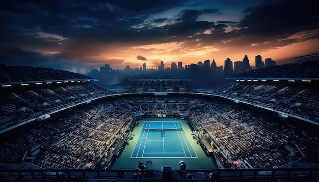 un stade rempli de fans au coucher du soleil lors d'un match de tennis