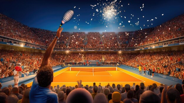 Stade de tennis avec ciel nocturne et projecteurs