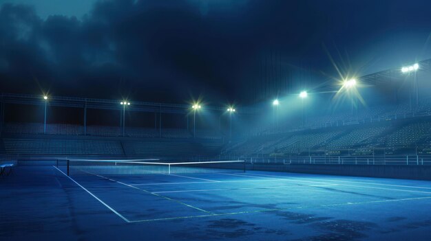 Photo un stade de tennis éclairé par la lueur des projecteurs la nuit créant une atmosphère magique