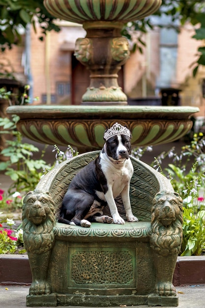 Un Staffordshire Terrier américain avec une couronne sur la tête est assis sur une chaise antique dans la cour avant d'une maison