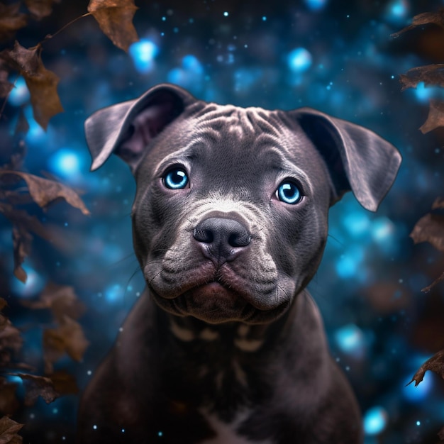 Staffy aux yeux bleus est assis dans une forêt avec des feuilles d'automne