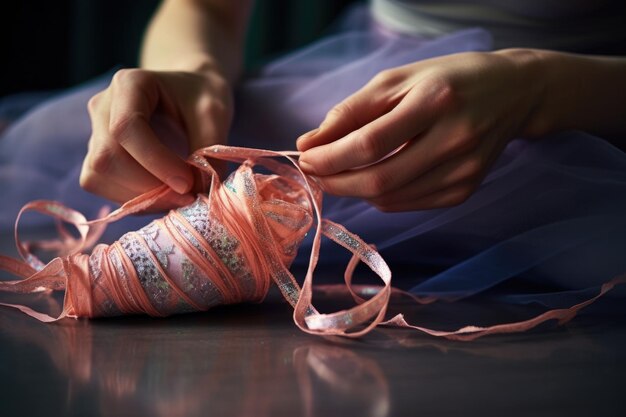 Stage de couture de rubans sur des chaussures à pointe de ballet créées avec un AI génératif