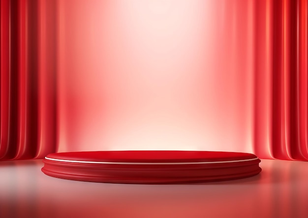 Stage de podium en cercle rouge simple avec des rideaux pour l'affichage des produits