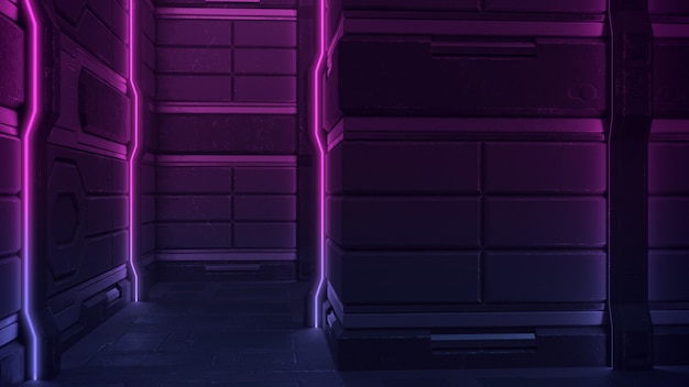 Stage Sci Fi Dark Neon Fluorescent Corridor Psychedelic Spaceship Alien Glowing neon par des lignes verticales de néon en violet.