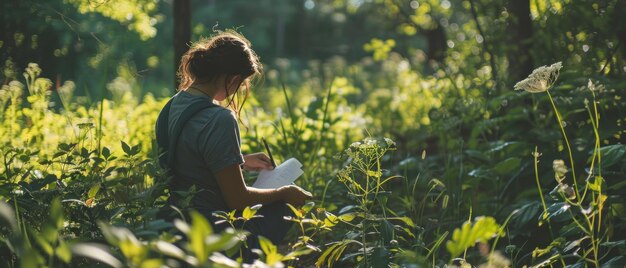 Photo un stagiaire observant la nyctinastie dans une forêt alimentaire sauvage s'inspire d'une création élégante mettant en vedette l'emping