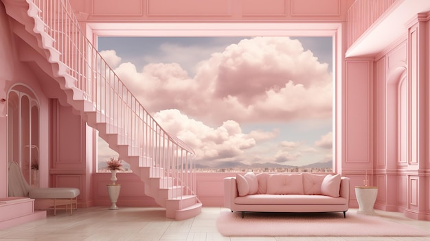 stair_with_cloud_floating_on_pink_room_background