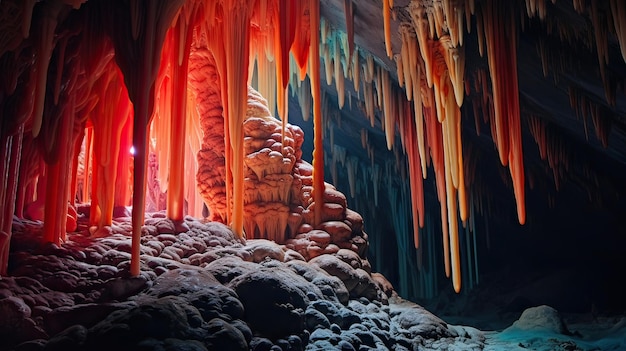 Photo des stalactites brillantes créant des dessins naturels intricats dans une grotte jetant l'éclat des merveilles géologiques des motifs détaillés et des formations hypnotisantes générés par l'ia