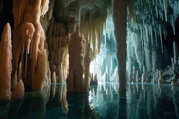 Stalactites et stalagmites à l'intérieur de la grotte marine créée avec l'IA générative