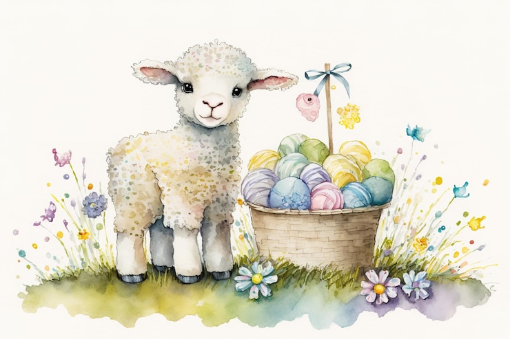 Stand d'agneau bébé fond de pâques aquarelle