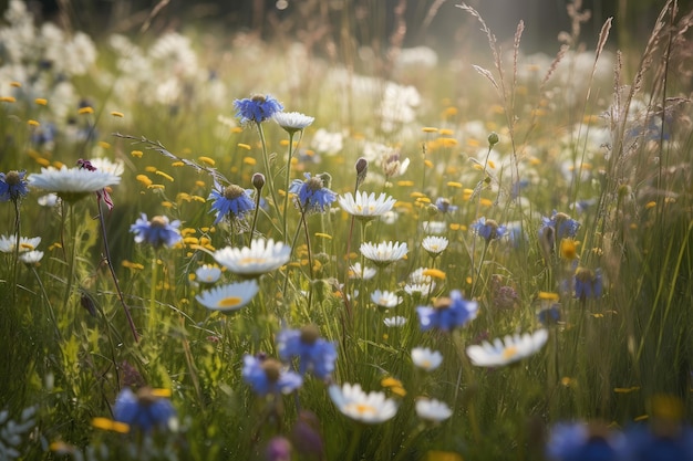 Stand de bleuets et de camomille dans une prairie ensoleillée