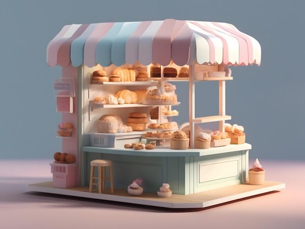 Stand de boulangerie de rendu 3d isométrique mignon minuscule