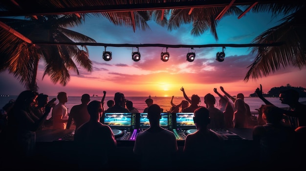 Photo un stand de dj sur la plage avec une foule de gens qui dansent et s'amusent en arrière-plan