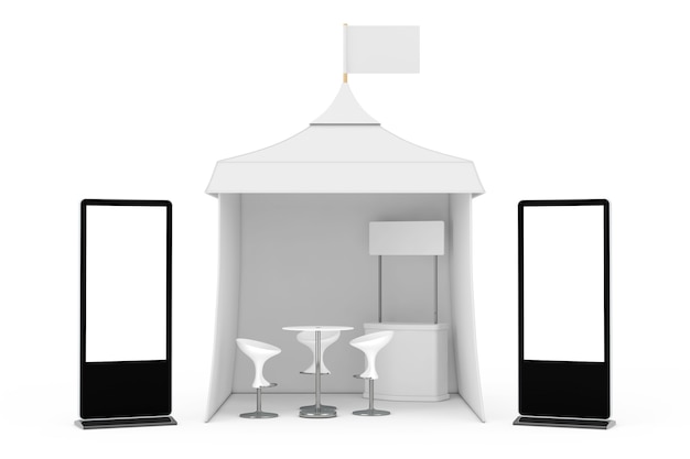 Stand d'écran LCD de salon commercial près de la tente d'événement extérieur de publicité promotionnelle avec drapeau, table et chaises sur fond blanc. Rendu 3D